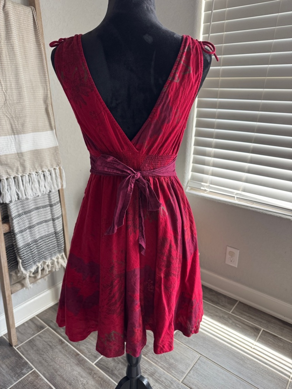 Free People Red Tie-Shoulder V-Neck Mini Dress - Picture 2 of 6